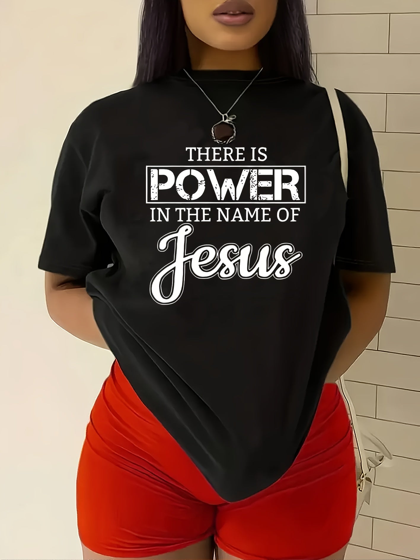 Women's Inspirational Jesus Power Quote T-Shirt - Casual Crew Neck, Short Sleeve, Beige Polyester Tee with Artistic Letter Print, Machine Washable, Casual Wear|Graphic Tee|Polyester Fabric
